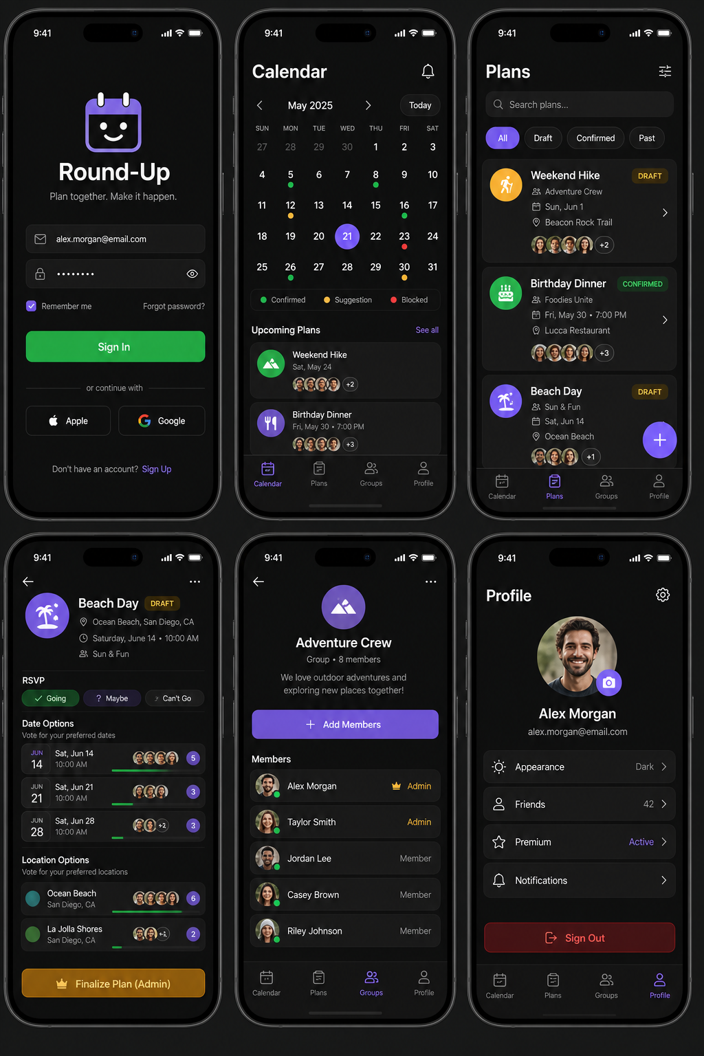 Round-Up dark-mode screen collage